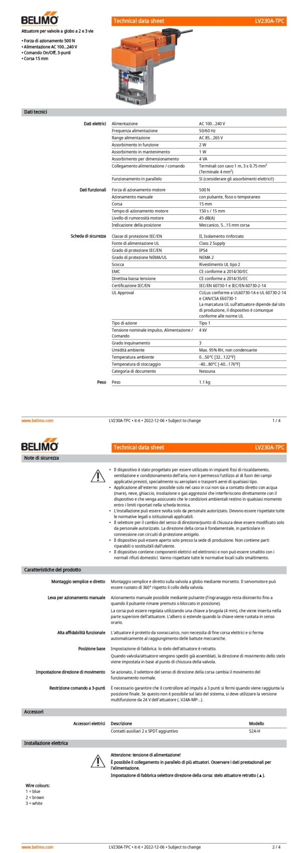 LV230A-TPC Attuatore per valvole a globo, 500 N, AC 100...240 V, On/Off, 3-punti, 150 s, Corsa 15 mm, IP54, Terminali con cavo - immagine 2