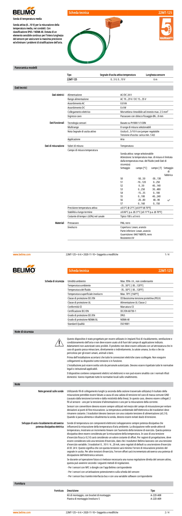 22MT-125 Sensore di temperatura media attivo, 0...5 V, 0...10 V, Lunghezza sensore 6 m - immagine 2