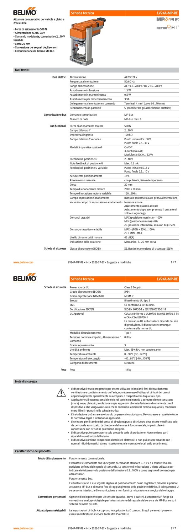 LV24A-MP-RE Attuatore per valvole a globo (Retrofit), 500 N, AC/DC 24 V, MP-Bus, 200 s (90...150 s), Corsa 20 mm, IP54, Terminali - immagine 2