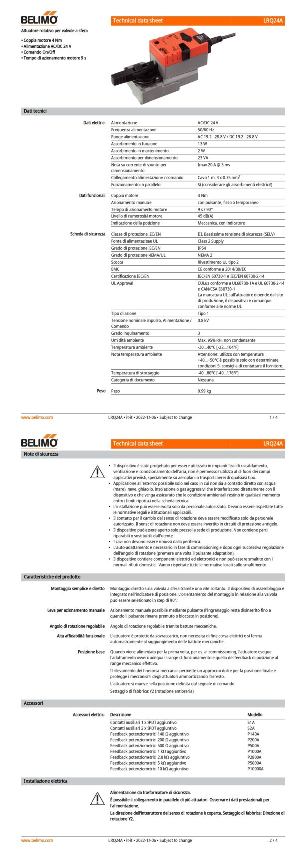 LRQ24A Attuatore rotativo a corsa molto rapida, 4 Nm, AC/DC 24 V, On/Off, 9 s, IP54 - immagine 2