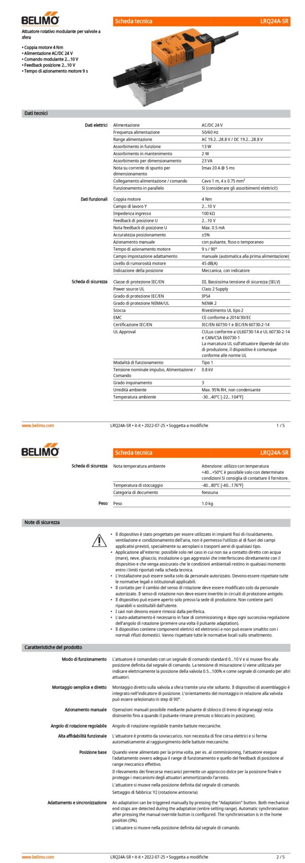 LRQ24A-SR Attuatore rotativo a corsa molto rapida, 4 Nm, AC/DC 24 V, 2...10 V, 9 s, IP54 - immagine 2