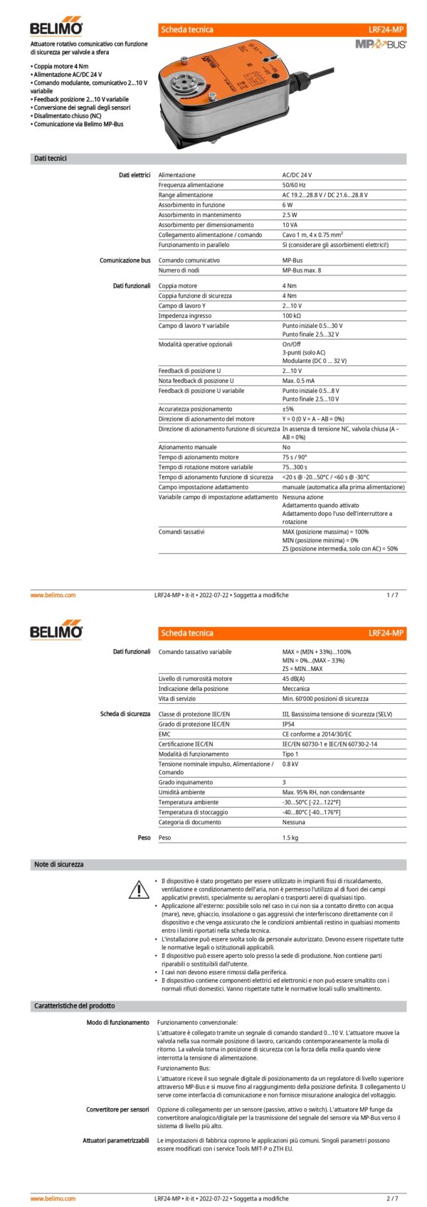 LRF24-MP Attuatore rotativo con funzione di sicurezza NC, 4 Nm, AC/DC 24 V, MP-Bus, 75 s (75...300 s), IP54 - immagine 2