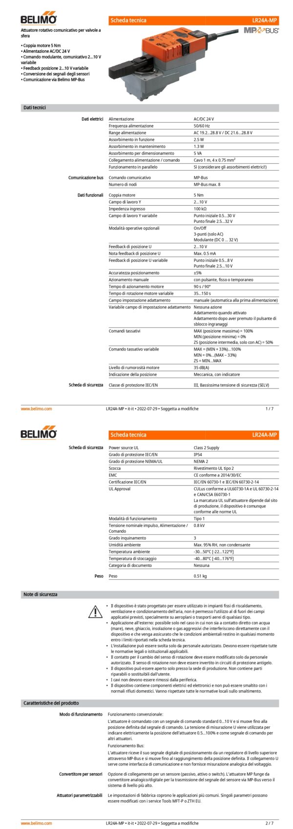 LR24A-MP Attuatore rotativo, 5 Nm, AC/DC 24 V, MP-Bus, 90 s (35...420 s), IP54 - immagine 2