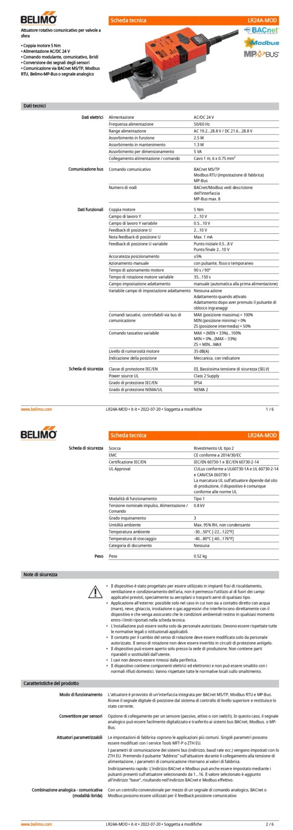 LR24A-MOD Attuatore rotativo, 5 Nm, AC/DC 24 V, BACnet MS/TP, Modbus RTU, MP-Bus, 90 s (35...420 s), IP54 - immagine 2