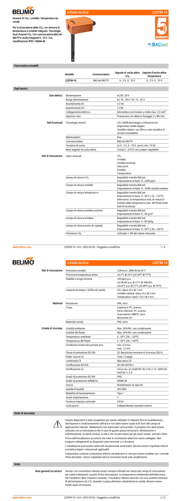 22DTM-16 Sensore di CO₂ / umidità / temperatura da canale attivo, BACnet, 0...5 V, 0...10 V, Lunghezza sensore 180 mm, Diametro sensore 19.5 mm - immagine 2