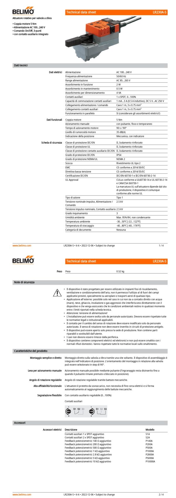 LR230A-S Attuatore rotativo, 5 Nm, AC 100...240 V, On/Off, 3-punti, 90 s, 1 x SPDT, IP54 - immagine 2