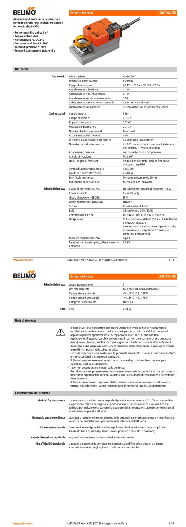 LMC24A-SR Attuatore rotativo a corsa veloce, 5 Nm, AC/DC 24 V, 2...10 V, 35 s, IP54 - immagine 2
