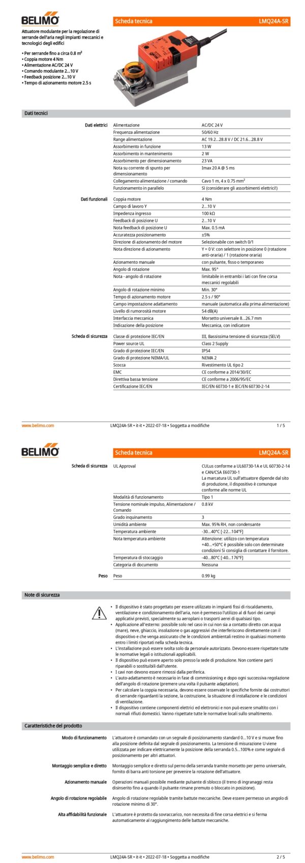 LMQ24A-SR Attuatore rotativo a corsa molto rapida, 4 Nm, AC/DC 24 V, 2...10 V, 2.5 s, IP54 - immagine 2