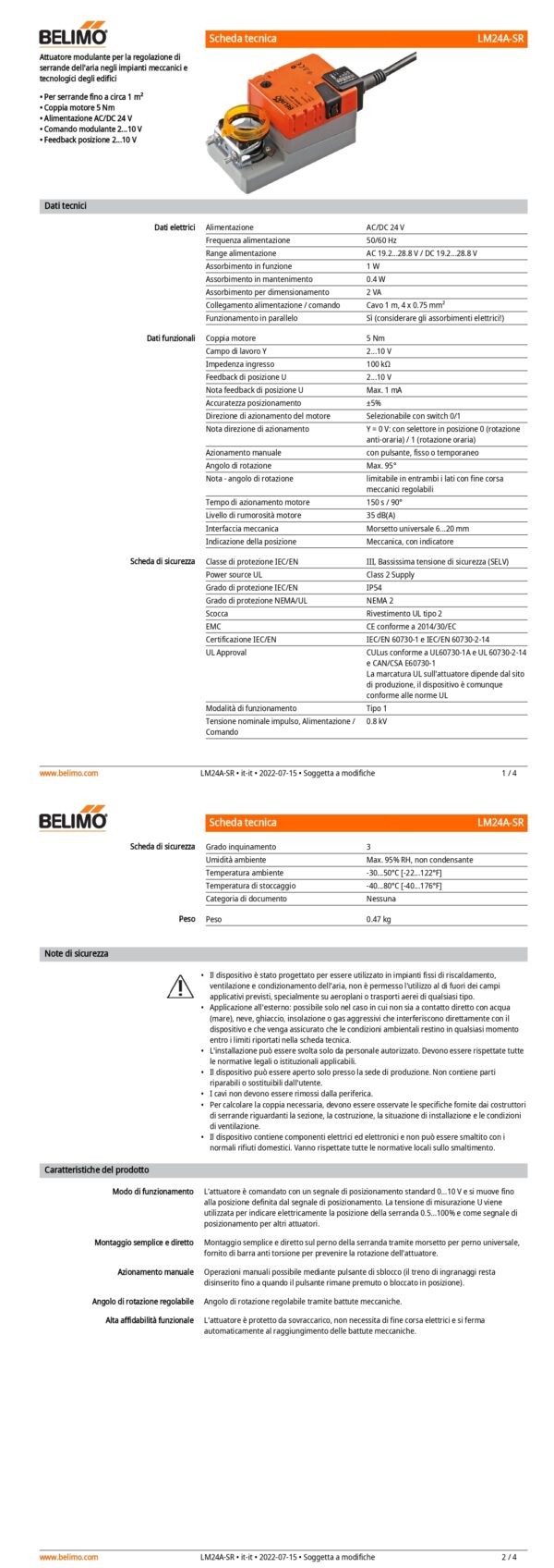 LM24A-SR Attuatore rotativo, 5 Nm, AC/DC 24 V, 2...10 V, 150 s, IP54 - immagine 2