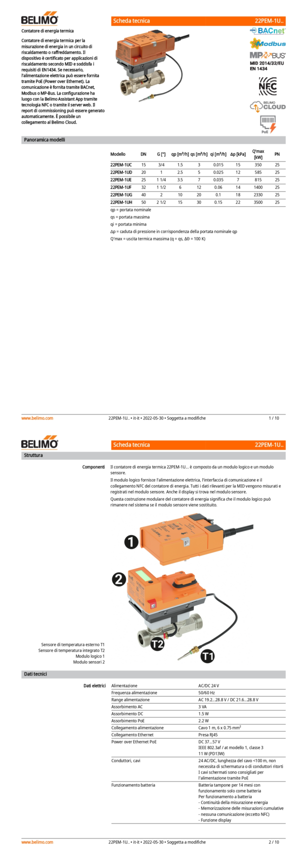 22PEM-1UC Contabilizzatore di energia termica MID / EN 1434, AC/DC 24 V, DN 15, Temperatura del fluido 0...120°C - immagine 2