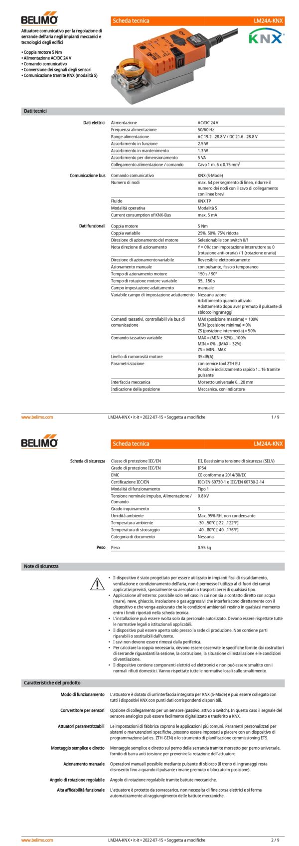 LM24A-KNX Attuatore rotativo, 5 Nm, AC/DC 24 V, KNX (S-Mode), 150 s (35...150 s), IP54 - immagine 2