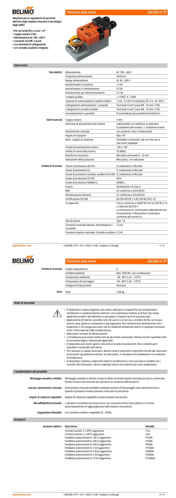 LM230A-S-TP Attuatore rotativo, 5 Nm, AC 100...240 V, On/Off, 3-punti, 150 s, 1 x SPDT, IP54, Terminali - immagine 2