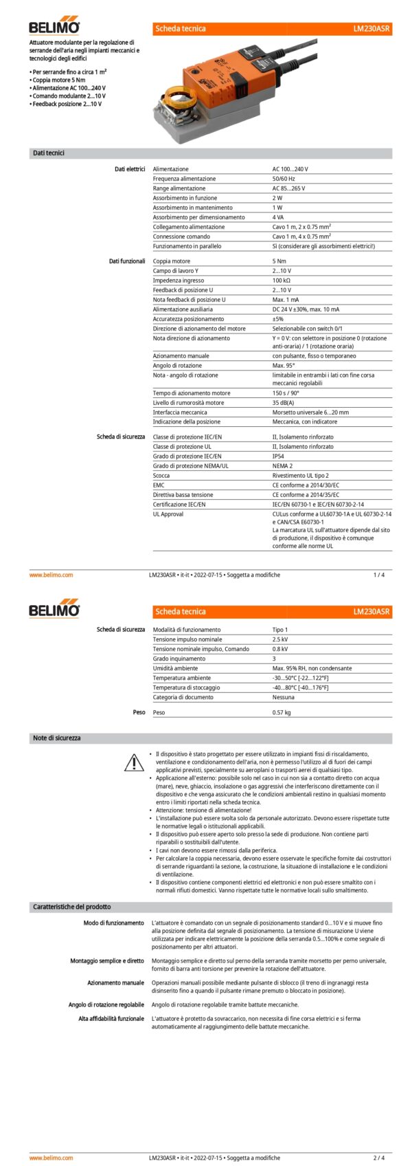 LM230ASR Attuatore rotativo, 5 Nm, AC 100...240 V, 2...10 V, 150 s, IP54 - immagine 2