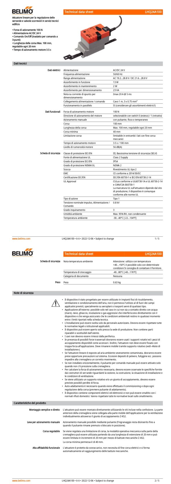 LHQ24A100 Attuatore Lineare, 100 N, AC/DC 24 V, On/Off, 3.5 s, Corsa 100 mm, IP54 - immagine 2
