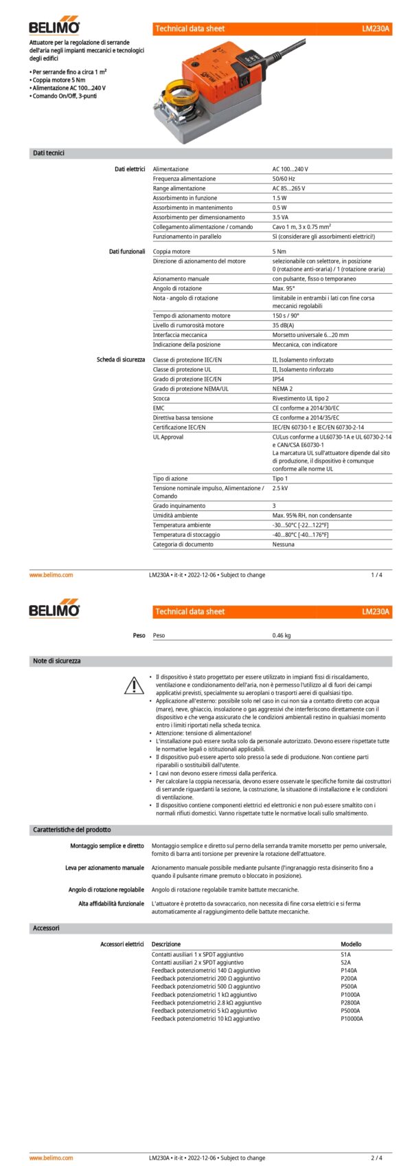 LM230A Attuatore rotativo, 5 Nm, AC 100...240 V, On/Off, 3-punti, 150 s, IP54 - immagine 2