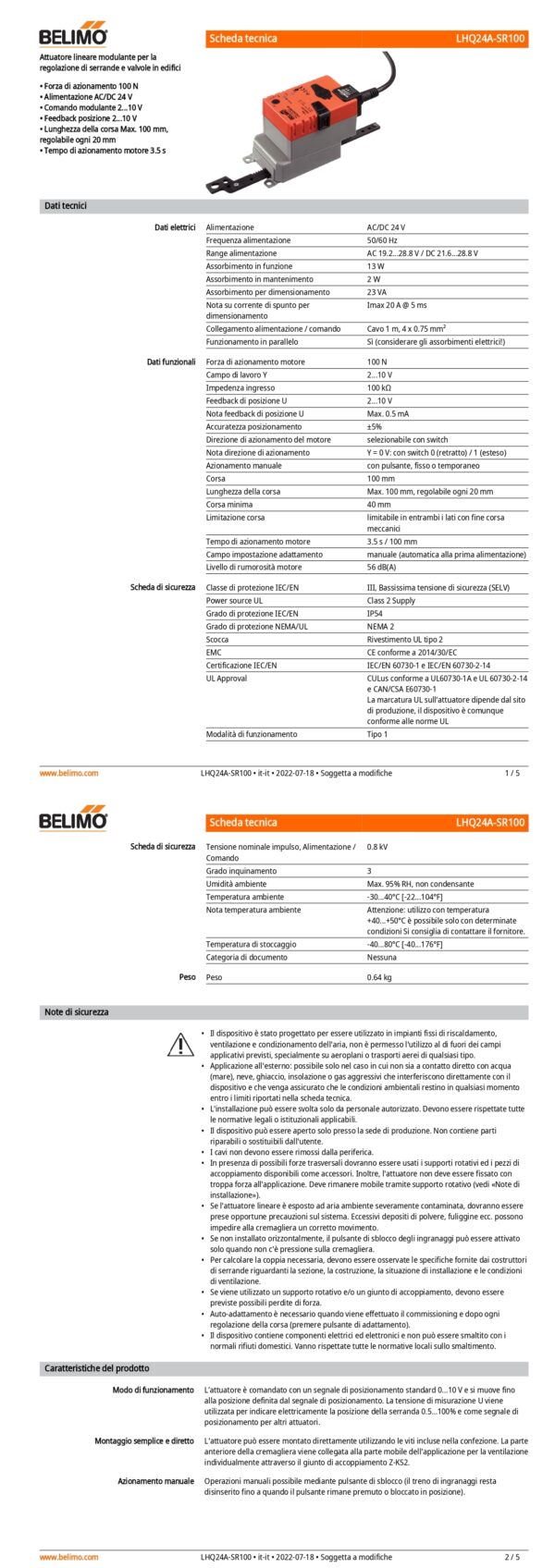 LHQ24A-SR100 Attuatore Lineare, 100 N, AC/DC 24 V, 2...10 V, 3.5 s, Corsa 100 mm, IP54 - immagine 2