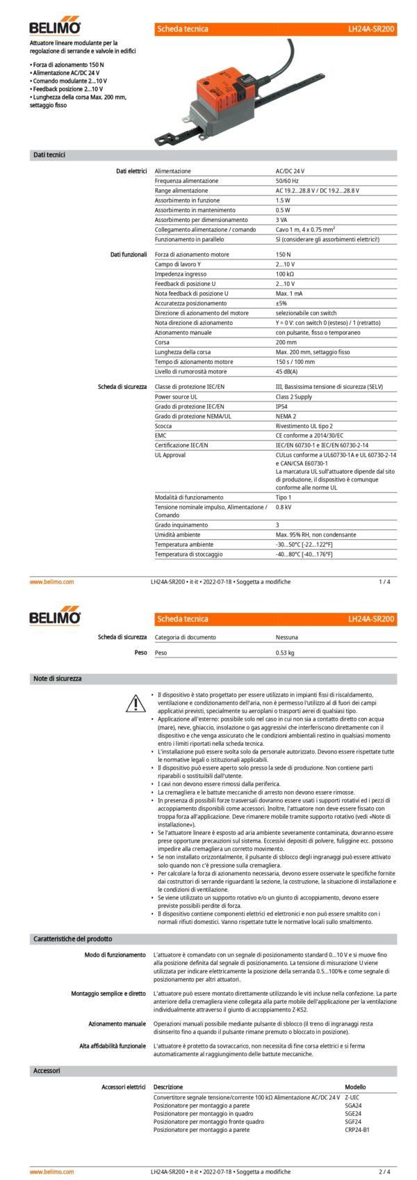 LH24A-SR200 Attuatore Lineare, 150 N, AC/DC 24 V, 2...10 V, 150 s, Corsa 200 mm, IP54 - immagine 2