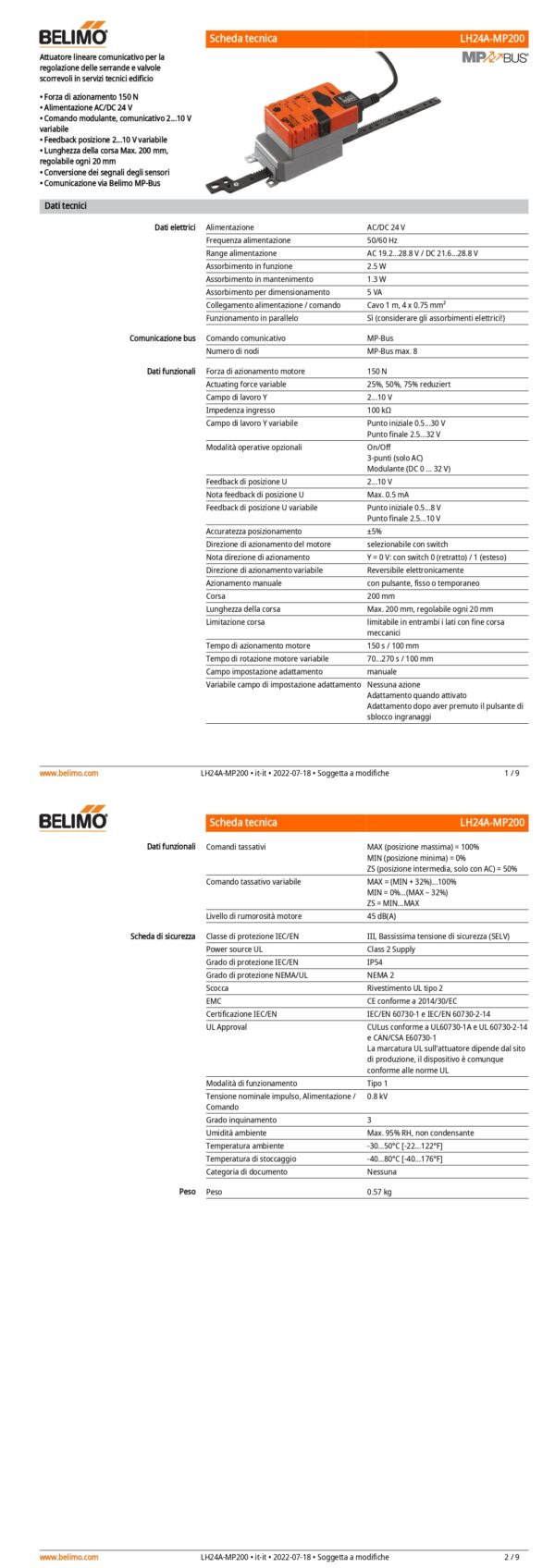 LH24A-MP200 Attuatore Lineare, 150 N, AC/DC 24 V, MP-Bus, 150 s (70...270 s / 100 mm), Corsa 200 mm, IP54 - immagine 2
