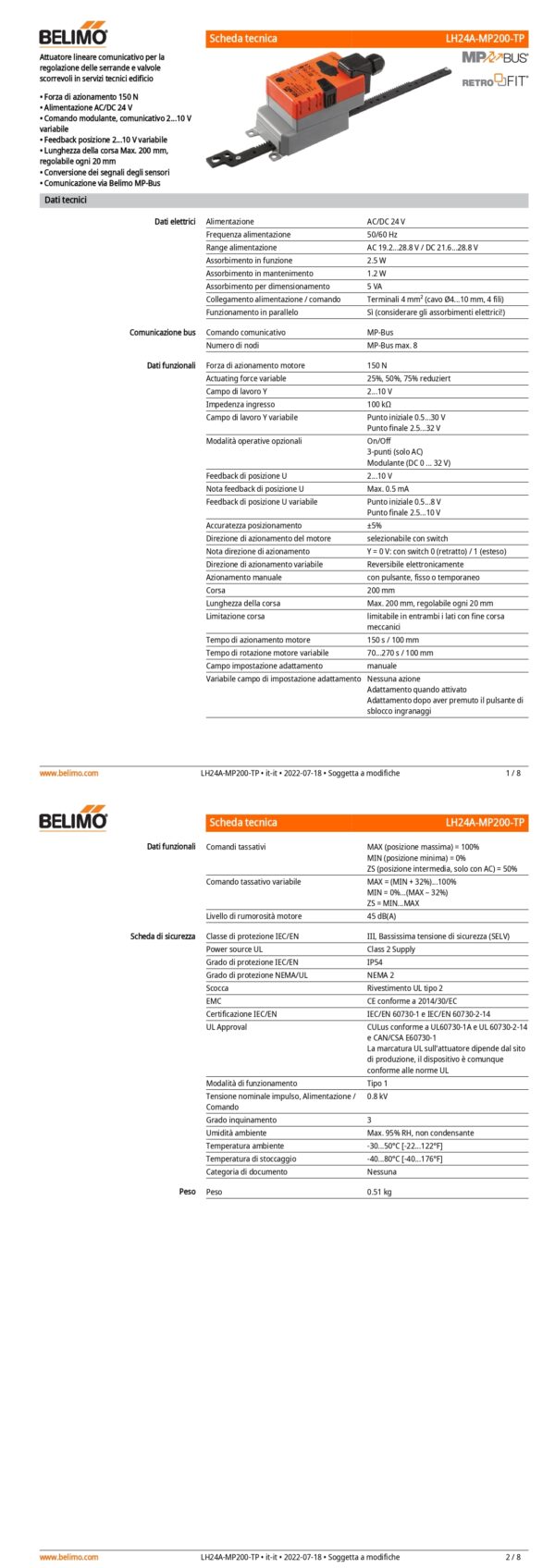 LH24A-MP200-TP Attuatore Lineare, 150 N, AC/DC 24 V, MP-Bus, 150 s (70...270 s / 100 mm), Corsa 200 mm, IP54, Terminali - immagine 2