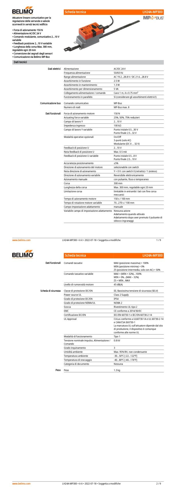 LH24A-MP300 Attuatore Lineare, 150 N, AC/DC 24 V, MP-Bus, 150 s (70...270 s / 100 mm), Corsa 300 mm, IP54 - immagine 2
