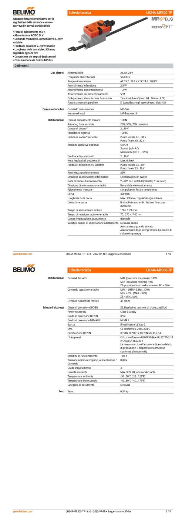 LH24A-MP300-TP Attuatore Lineare, 150 N, AC/DC 24 V, MP-Bus, 150 s (70...270 s / 100 mm), Corsa 300 mm, IP54, Terminali - immagine 2
