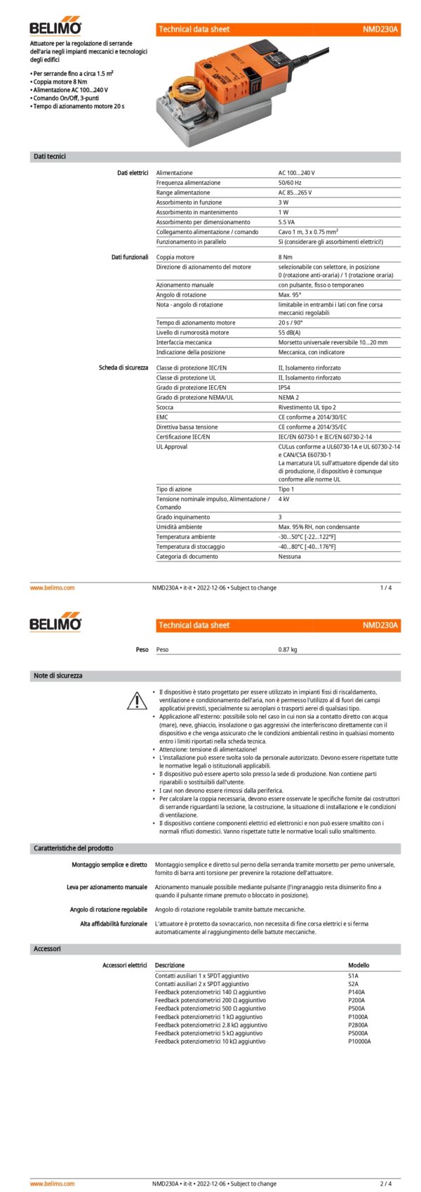NMD230A Attuatore rotativo a corsa molto rapida, 8 Nm, AC 100...240 V, On/Off, 3-punti, 20 s, IP54 - immagine 2