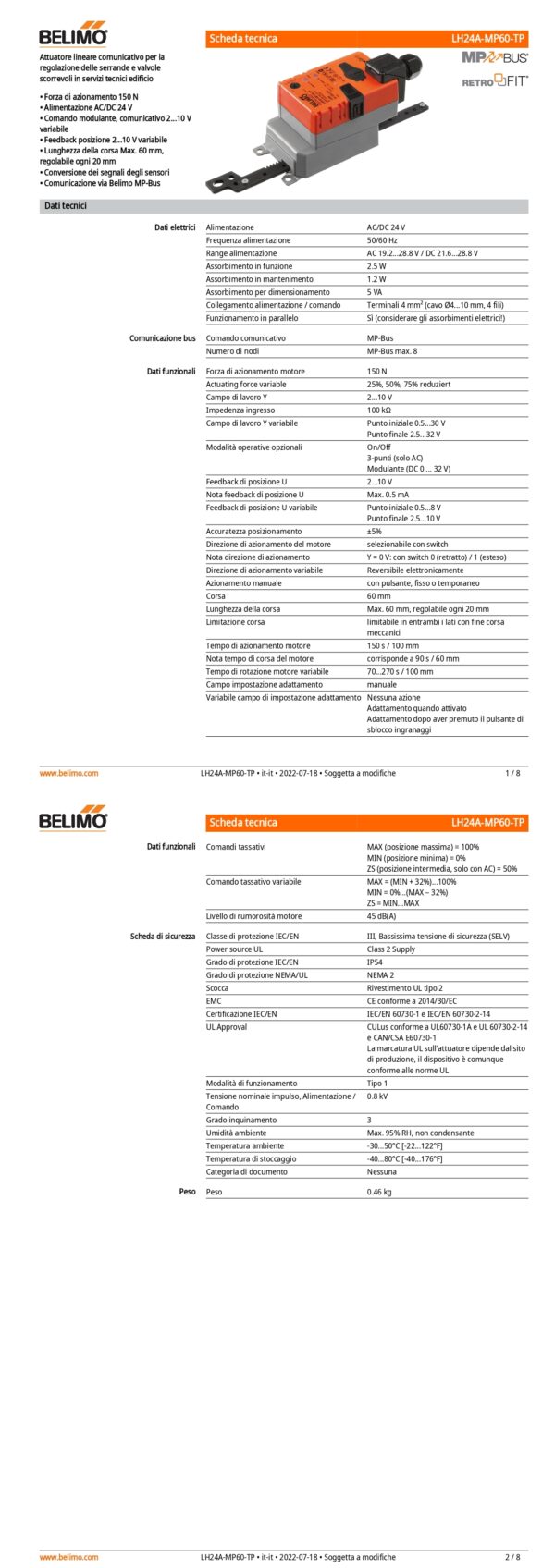 LH24A-MP60-TP Attuatore Lineare, 150 N, AC/DC 24 V, MP-Bus, 150 s (70...270 s / 100 mm), Corsa 60 mm, IP54, Terminali - immagine 2