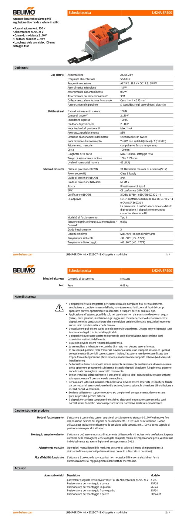 LH24A-SR100 Attuatore Lineare, 150 N, AC/DC 24 V, 2...10 V, 150 s, Corsa 100 mm, IP54 - immagine 2