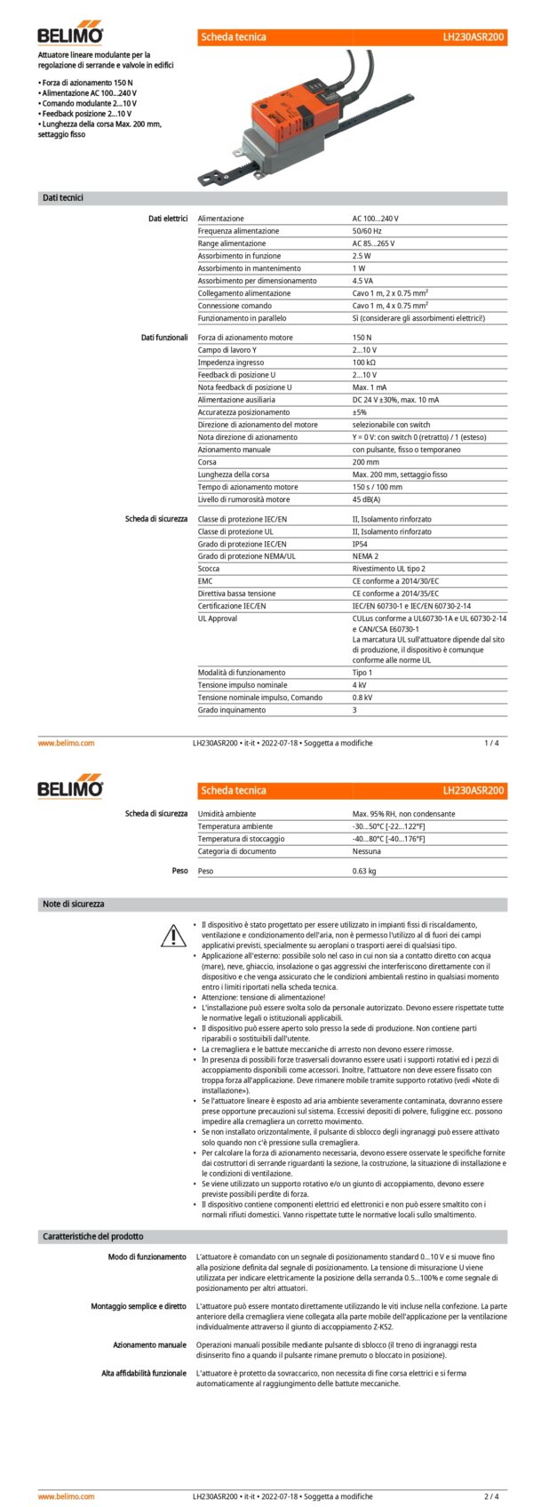 LH230ASR200 Attuatore Lineare, 150 N, AC 100...240 V, 2...10 V, 150 s, Corsa 200 mm, IP54 - immagine 2