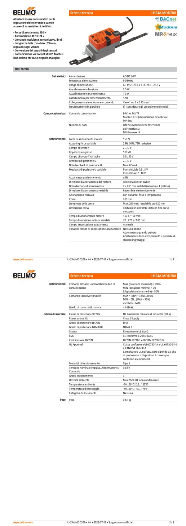 LH24A-MOD200 Attuatore Lineare, 150 N, AC/DC 24 V, BACnet MS/TP, Modbus RTU, MP-Bus, 150 s (70...270 s / 100 mm), IP54 - immagine 2