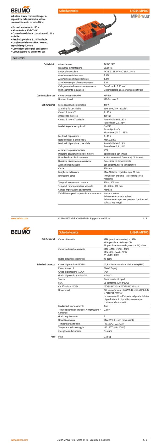 LH24A-MP100 Attuatore Lineare, 150 N, AC/DC 24 V, MP-Bus, 150 s (70...270 s / 100 mm), Corsa 100 mm, IP54 - immagine 2