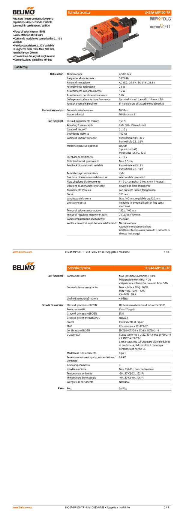 LH24A-MP100-TP Attuatore Lineare, 150 N, AC/DC 24 V, MP-Bus, 150 s (70...270 s / 100 mm), Corsa 100 mm, IP54, Terminali - immagine 2