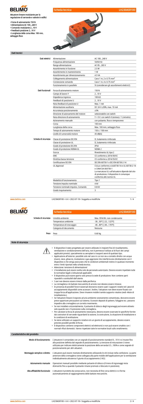 LH230ASR100 Attuatore Lineare, 150 N, AC 100...240 V, 2...10 V, 150 s, Corsa 100 mm, IP54 - immagine 2