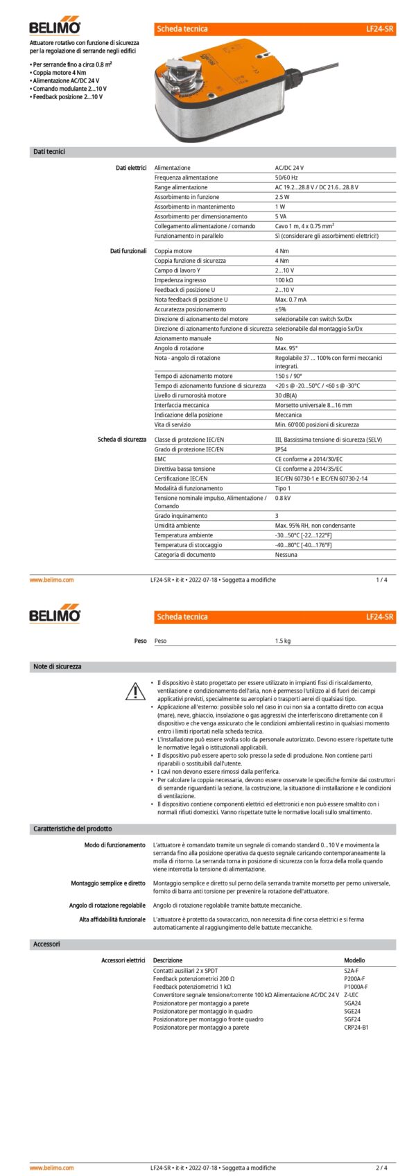 LF24-SR Attuatore rotativo con funzione di sicurezza, 4 Nm, AC/DC 24 V, 2...10 V, 150 s, IP54 - immagine 2