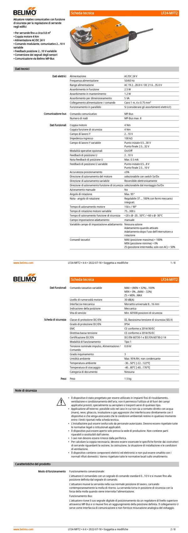 LF24-MFT2 Attuatore rotativo con funzione di sicurezza, 4 Nm, AC/DC 24 V, MP-Bus, 150 s (75...300 s), IP54 - immagine 2