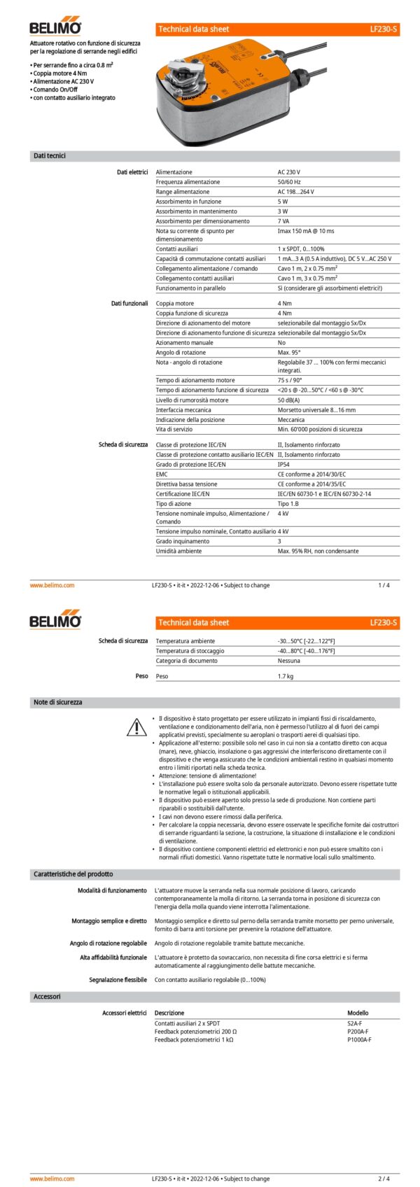 LF230-S Attuatore rotativo con funzione di sicurezza, 4 Nm, AC 230 V, On/Off, 75 s, 1 x SPDT, IP54 - immagine 2