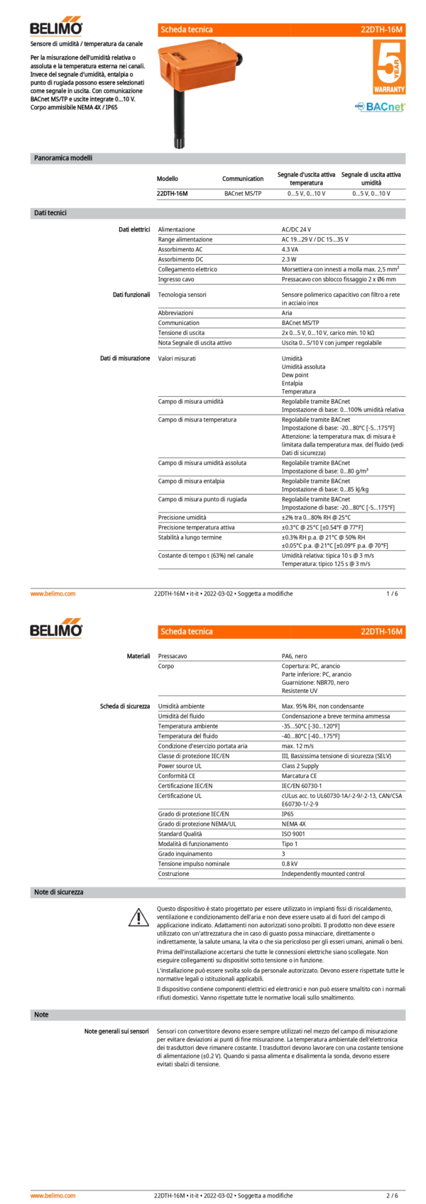22DTH-16M Sensore di umidità / temperatura da canale attivo, BACnet, 0...5 V, 0...10 V, Lunghezza sensore 140 mm, Diametro sensore 19.5 mm - immagine 2