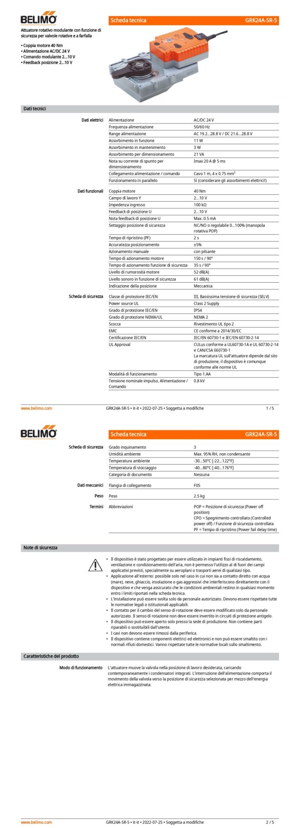 GRK24A-SR-5 Attuatore rotativo con funzione di sicurezza NC / NO, 40 Nm, AC/DC 24 V, 2...10 V, 150 s, IP54, F05 - immagine 2
