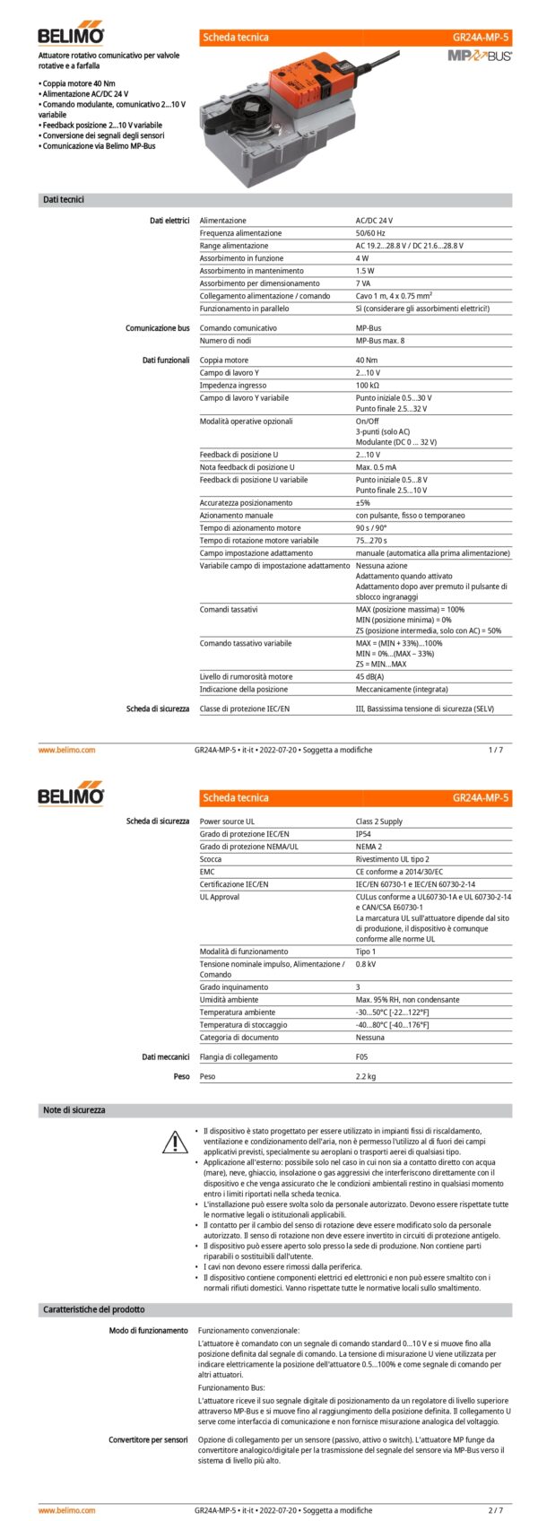 GR24A-MP-5 Attuatore rotativo, 40 Nm, AC/DC 24 V, MP-Bus, 90 s (75...270 s), IP54, F05 - immagine 2