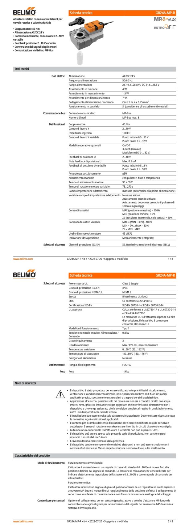 GR24A-MP-R Attuatore rotativo (retrofit), 40 Nm, AC/DC 24 V, MP-Bus, 90 s (75...270 s), IP54, F05/F07 - immagine 2