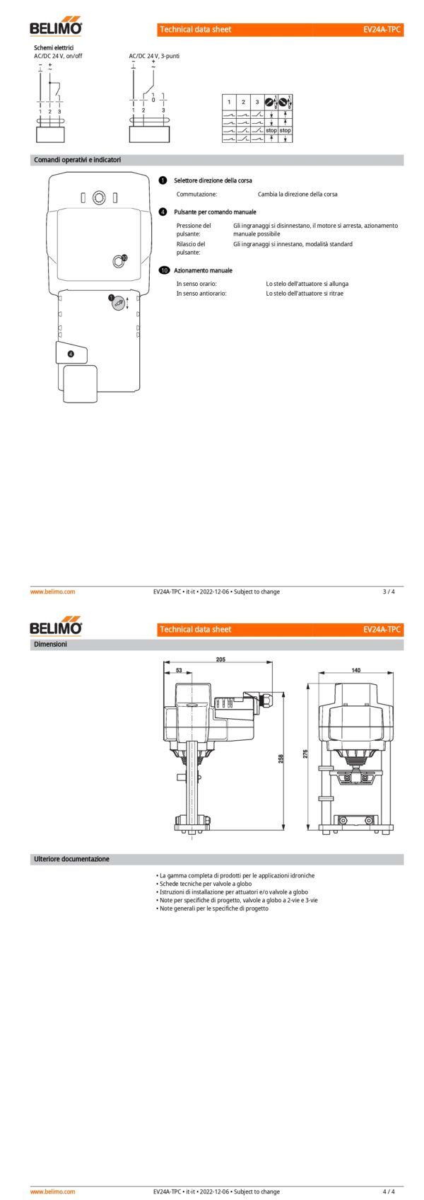 EV24A-TPC Attuatore per valvole a globo, 2500 N, AC/DC 24 V, On/Off, 3-punti, 150 s, Corsa 40 mm, IP54, Terminali con cavo - immagine 3