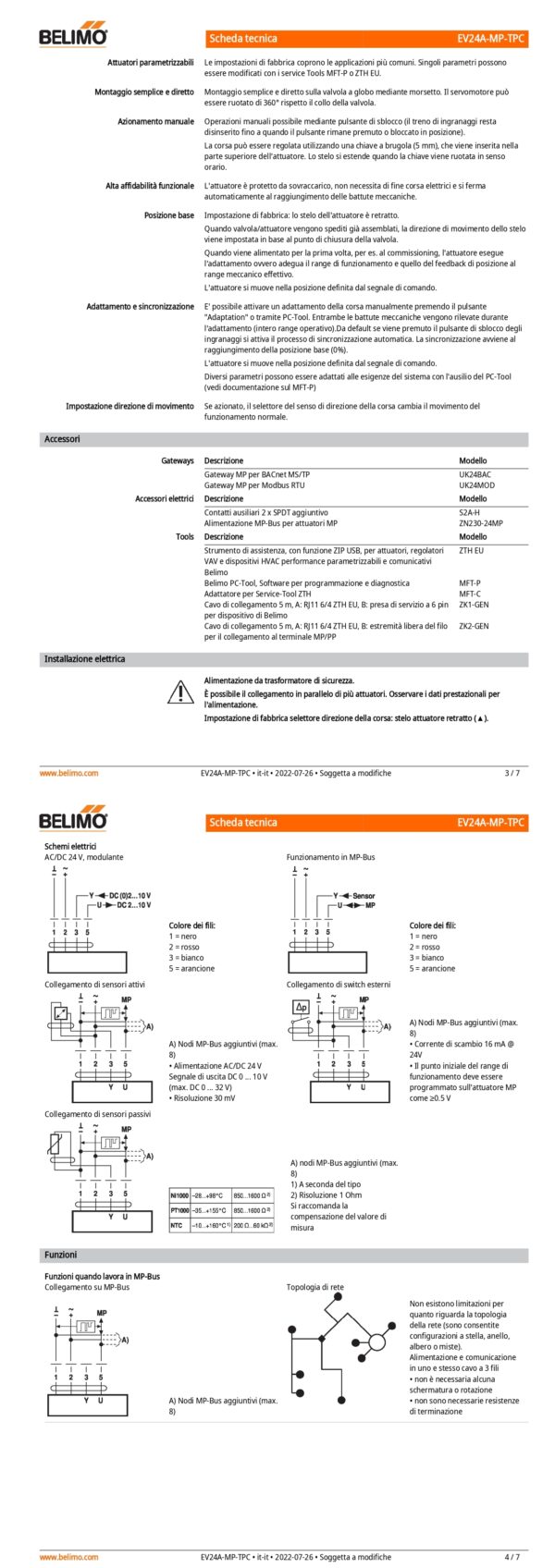 EV24A-MP-TPC Attuatore per valvole a globo, 2500 N, AC/DC 24 V, MP-Bus, 150 s (90...150 s), Corsa 40 mm, IP54, Terminali con cavo - immagine 3