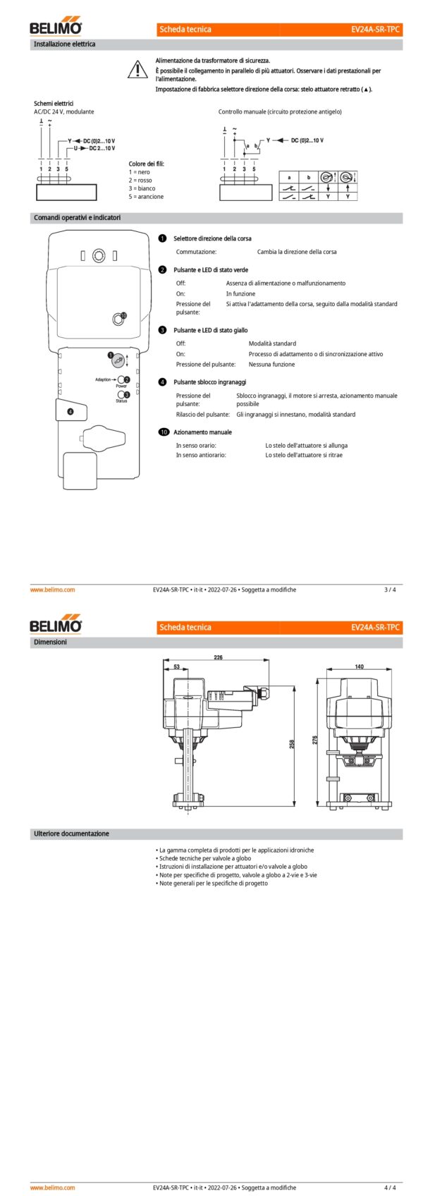 EV24A-SR-TPC Attuatore per valvole a globo, 2500 N, AC/DC 24 V, 2...10 V, 150 s, Corsa 40 mm, IP54, Terminali con cavo - immagine 3