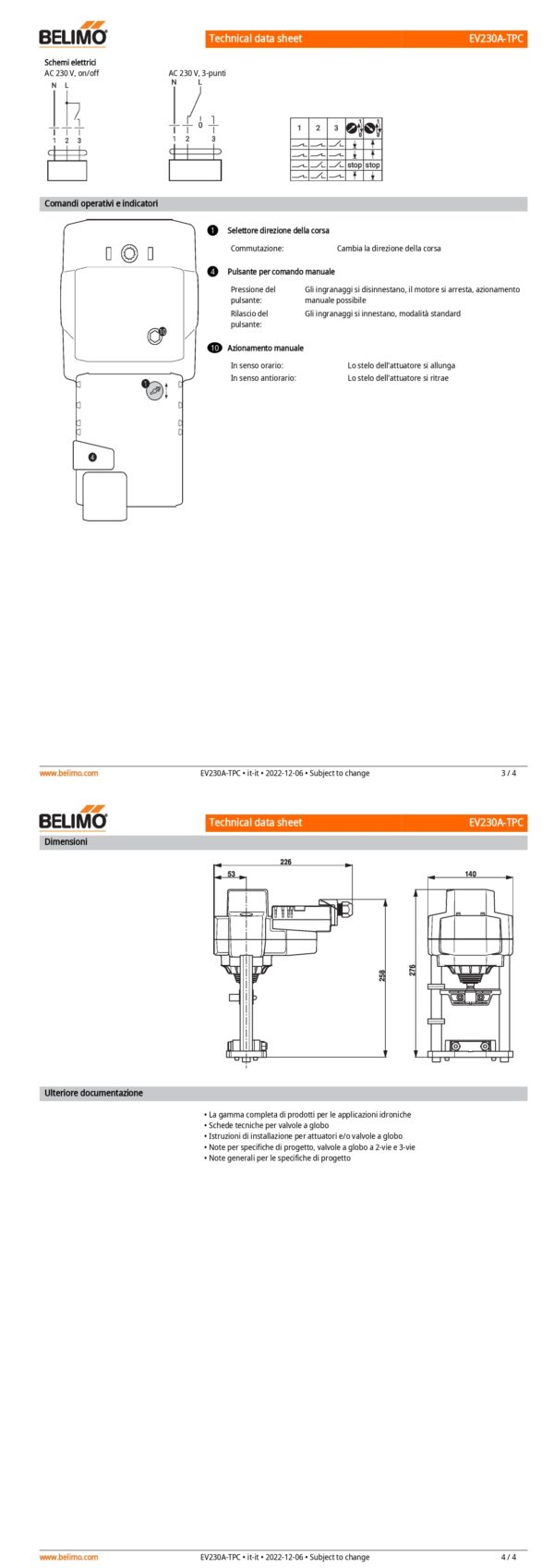 EV230A-TPC Attuatore per valvole a globo, 2500 N, AC 100...240 V, On/Off, 3-punti, 150 s, Corsa 40 mm, IP54, Terminali con cavo - immagine 3