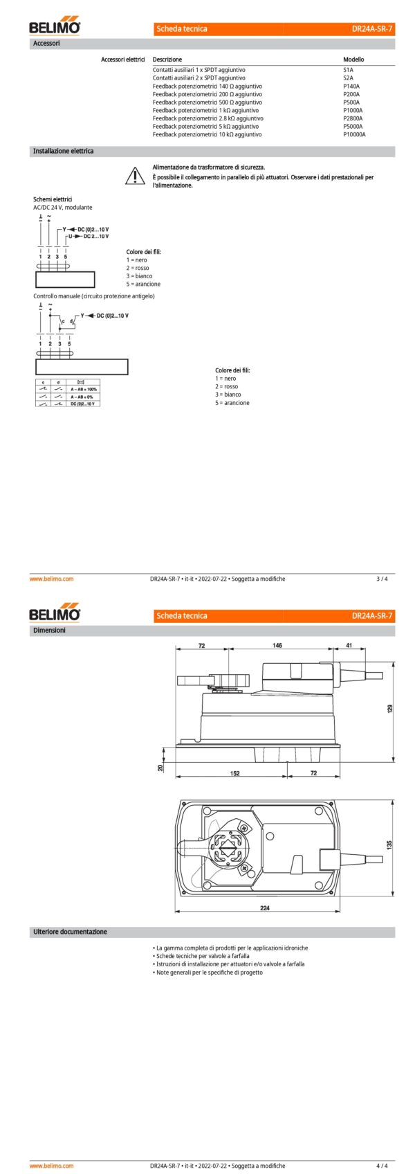 DR24A-SR-7 Attuatore rotativo, Max. 90 Nm (non costante), AC/DC 24 V, 2...10 V, 150 s, IP54, F07 - immagine 3