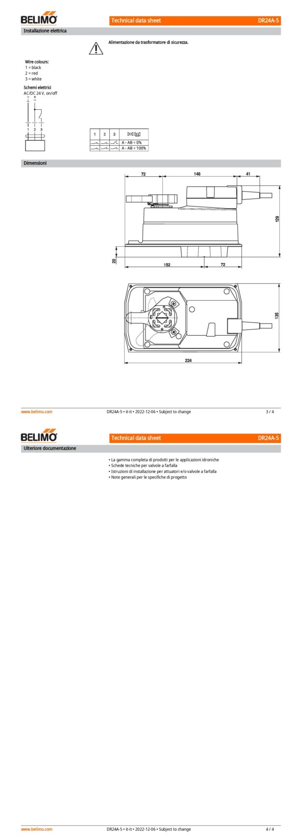 DR24A-5 Attuatore rotativo, Max. 90 Nm (non costante), AC/DC 24 V, On/Off, 150 s, IP54, F05 - immagine 3