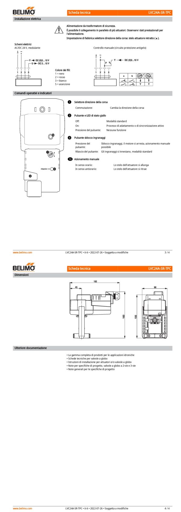 LVC24A-SR-TPC Attuatore per valvole a globo, 500 N, AC/DC 24 V, 2...10 V, 35 s, Corsa 15 mm, IP54, Terminali con cavo - immagine 3