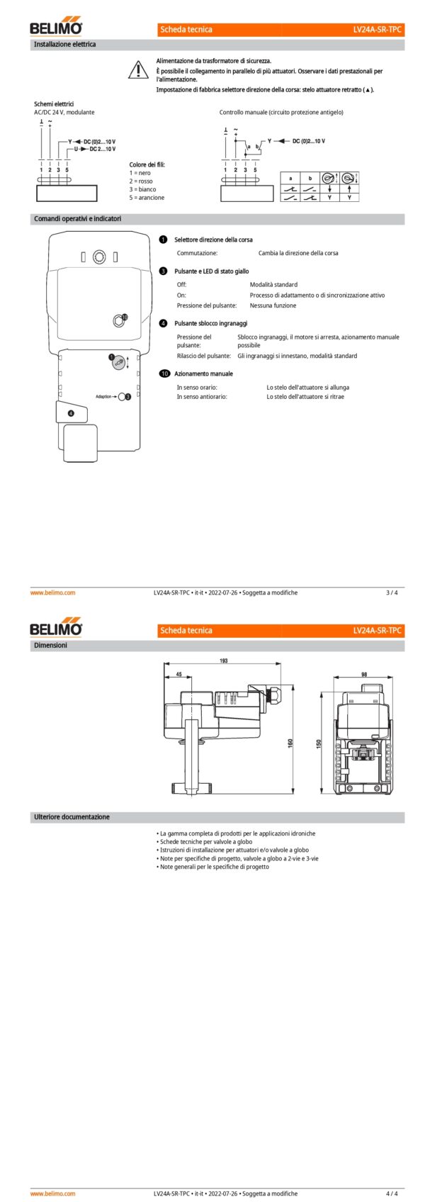 LV24A-SR-TPC Attuatore per valvole a globo, 500 N, AC/DC 24 V, 2...10 V, 150 s, Corsa 15 mm, IP54, Terminali con cavo - immagine 3
