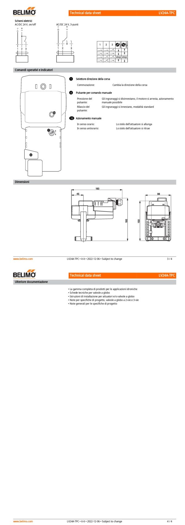 LV24A-TPC Attuatore per valvole a globo, 500 N, AC/DC 24 V, On/Off, 3-punti, 150 s, Corsa 15 mm, IP54, Terminali con cavo - immagine 3
