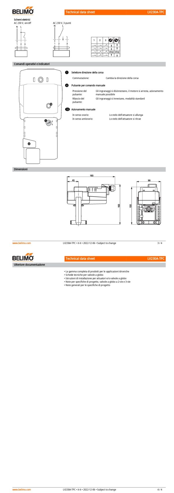 LV230A-TPC Attuatore per valvole a globo, 500 N, AC 100...240 V, On/Off, 3-punti, 150 s, Corsa 15 mm, IP54, Terminali con cavo - immagine 3